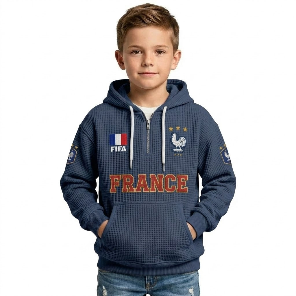 FIFA 2026 France Printed Waffle Quarter Zip Kids Football Fan Hoodie