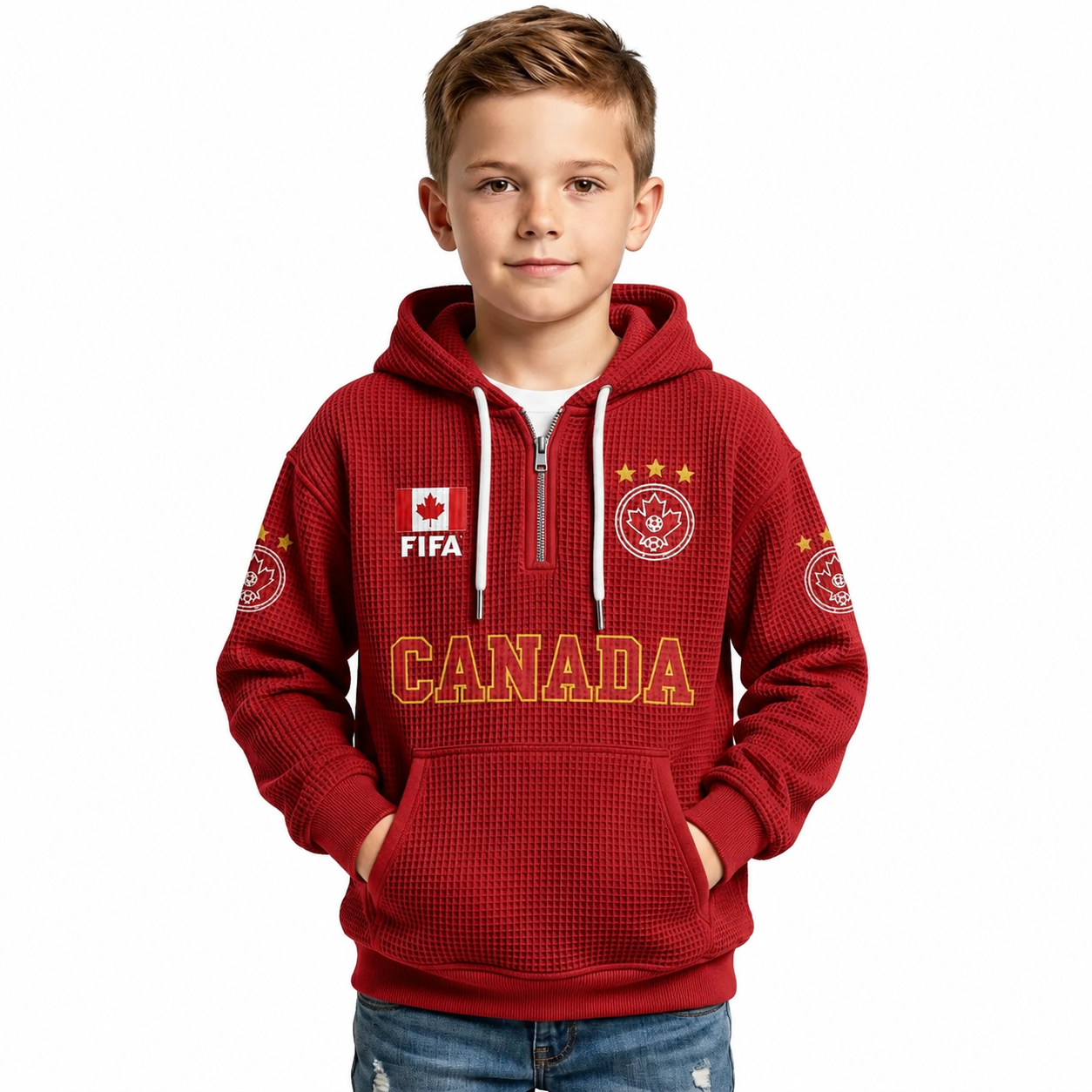 FIFA 2026 Canada Printed Waffle Quarter Zip Kids Football Fan Hoodie