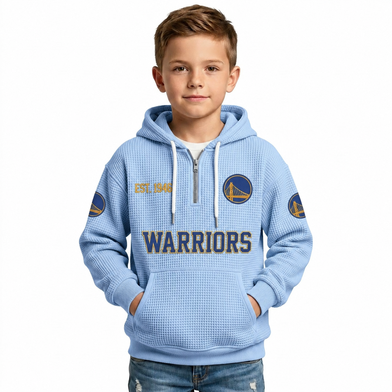 Golden State Warriors EST 1946 Kids Baseball Fan Printed Waffle Quarter Zip Hoodie