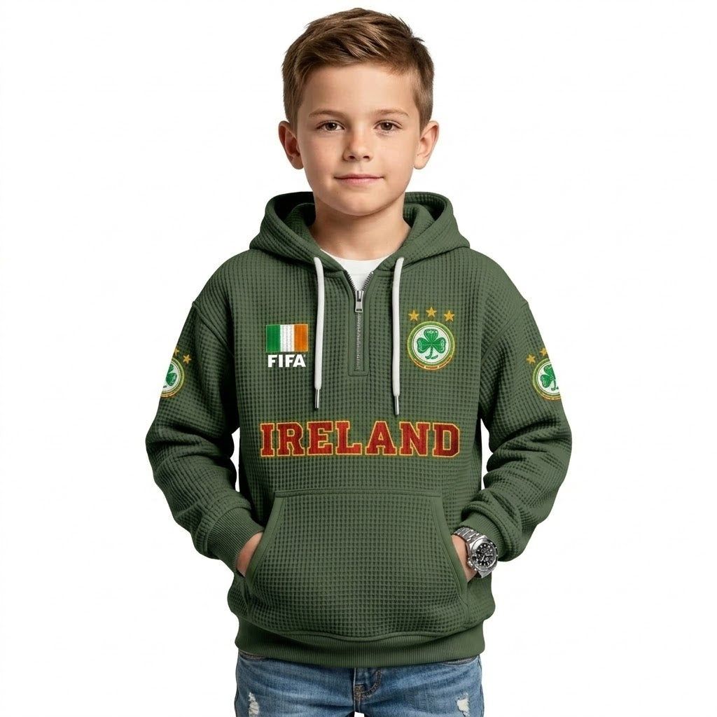 FIFA 2026 Ireland Printed Waffle Quarter Zip Kids Football Fan Hoodie