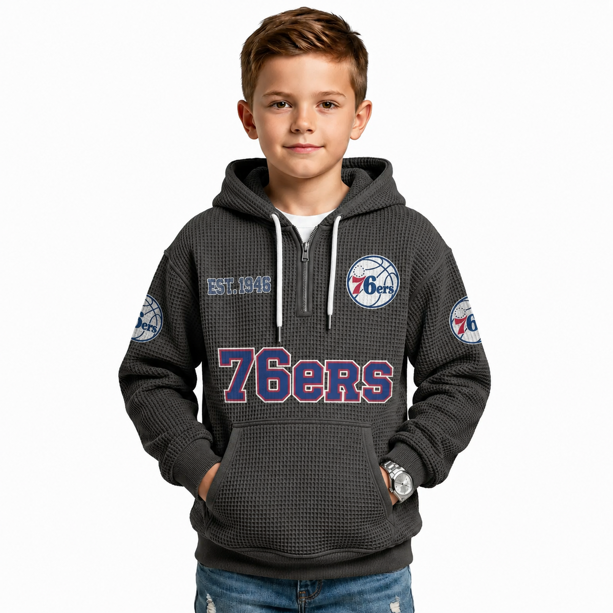 Philadelphia 76ers EST 1946 Kids Baseball Fan Printed Waffle Quarter Zip Hoodie