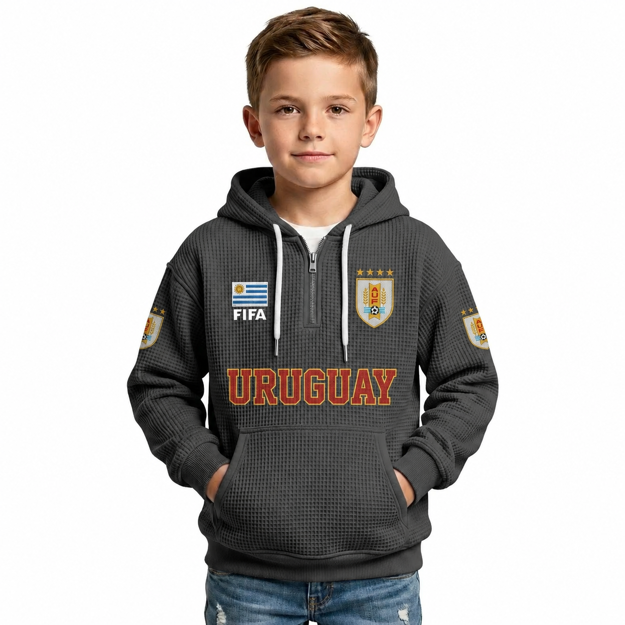 FIFA 2026 Uruguay Printed Waffle Quarter Zip Kids Football Fan Hoodie