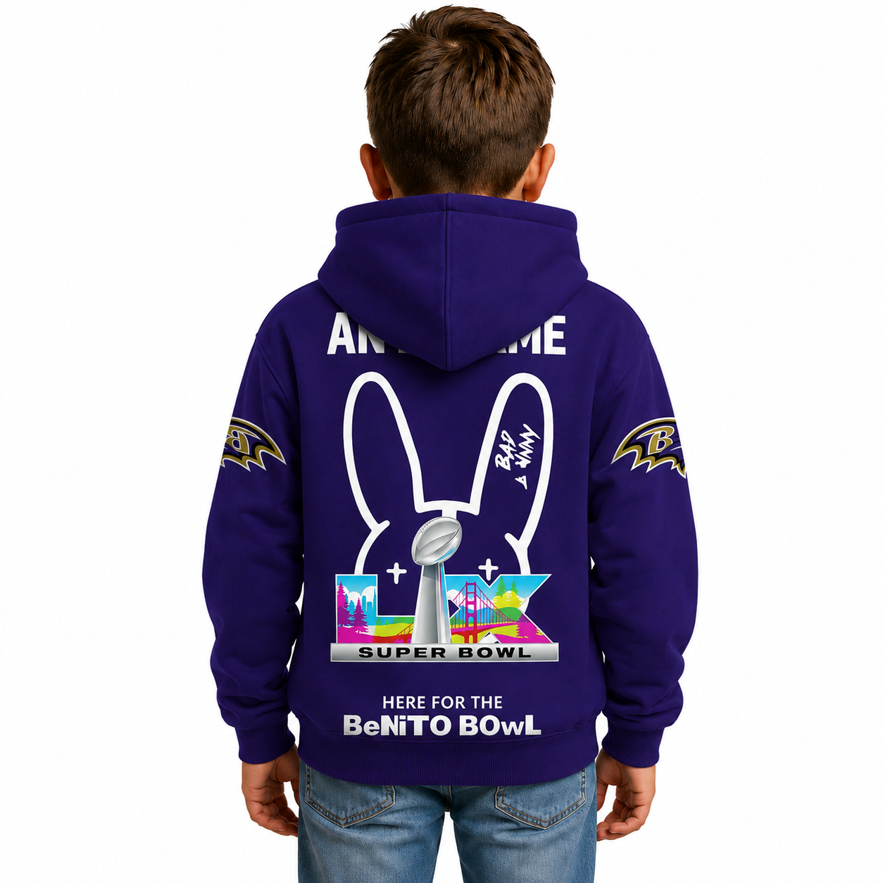 Personalized Bad Bunny Bowl LX Themed Baltimore Ravens Kids Football Fan Hoodie
