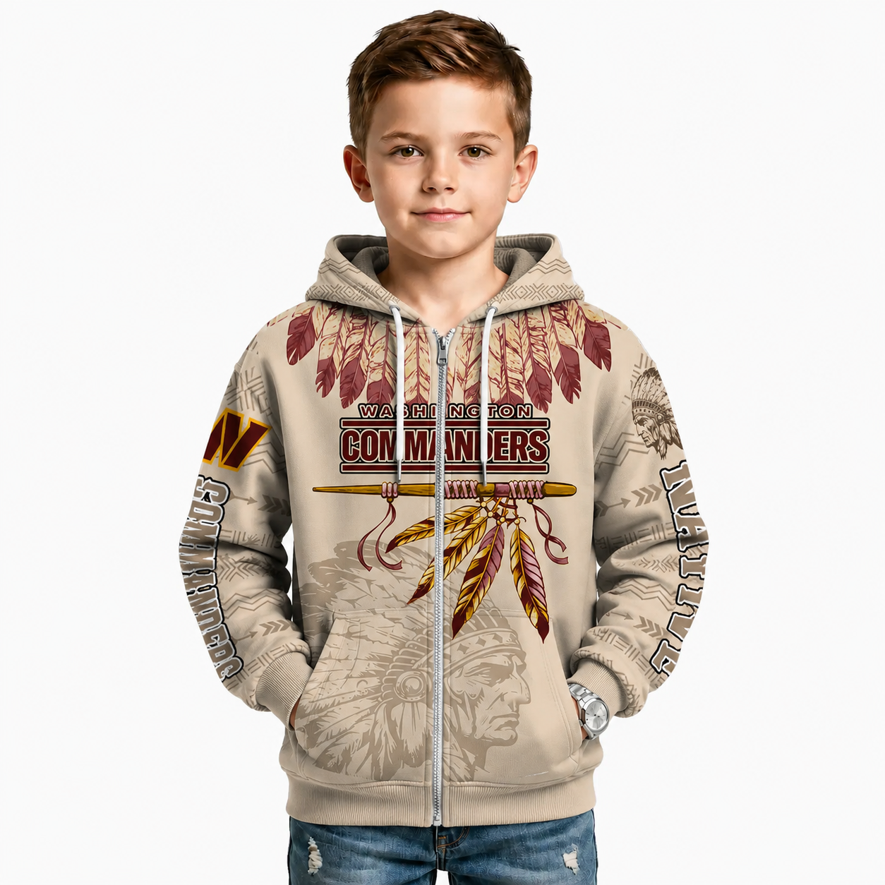 Personalized Commanders Football Native American Kids Zipper Hoodie Heritage