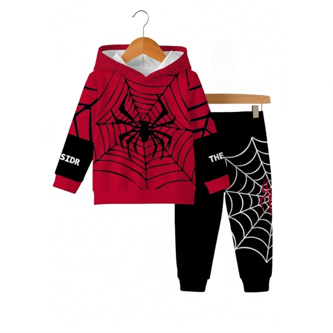 Boys Spider Print Hooded Sweatshirt And Pants Set