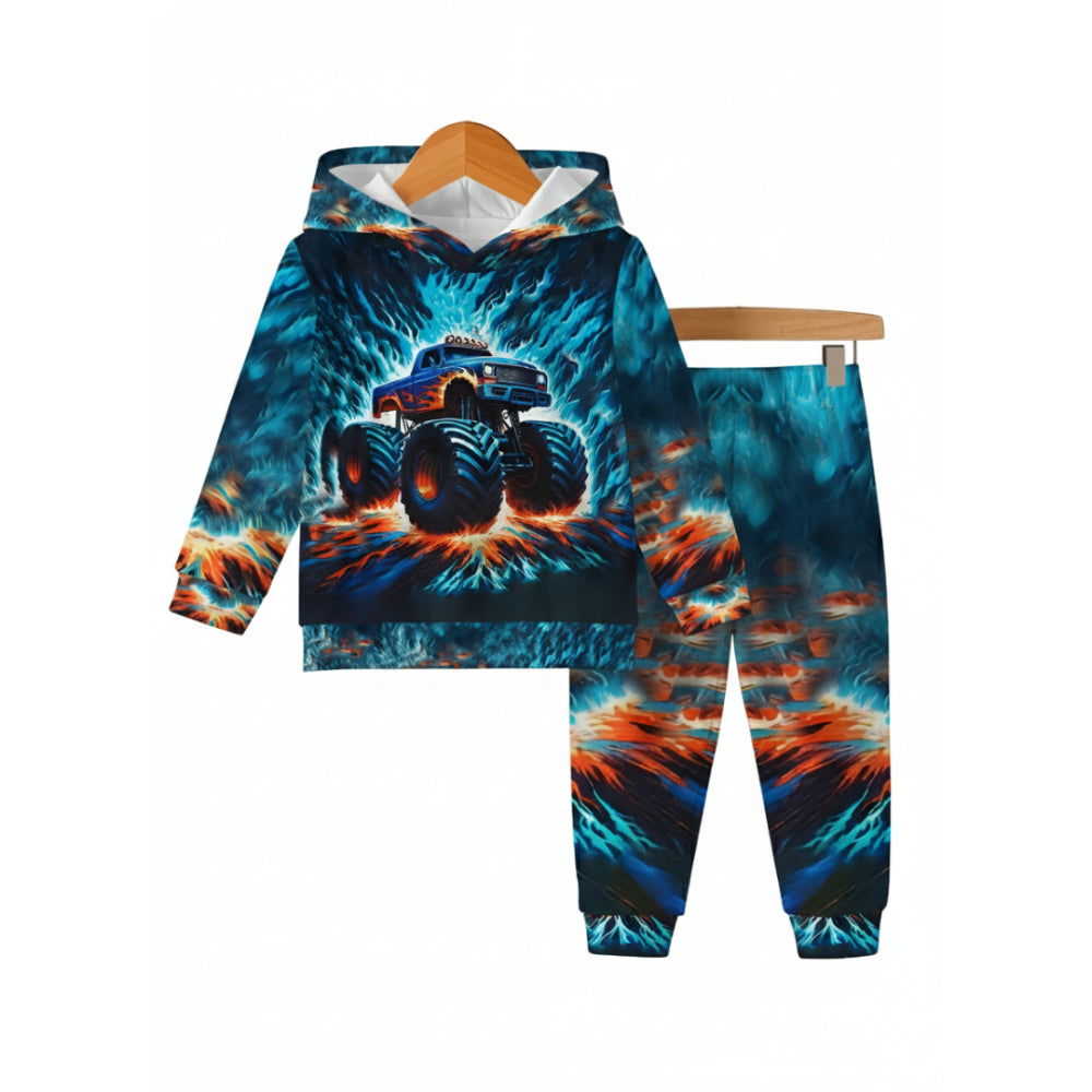 Boys Flame Car Printed Hooded Sweatshirt And Pants Set