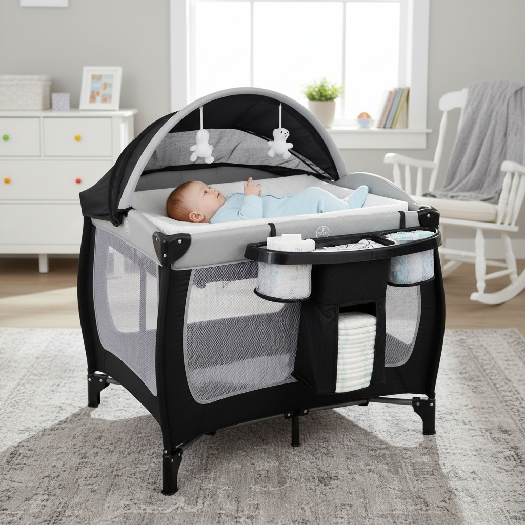 Babies 4 In 1 Portable Playard With Bassinet Changing Table And Storage Basket