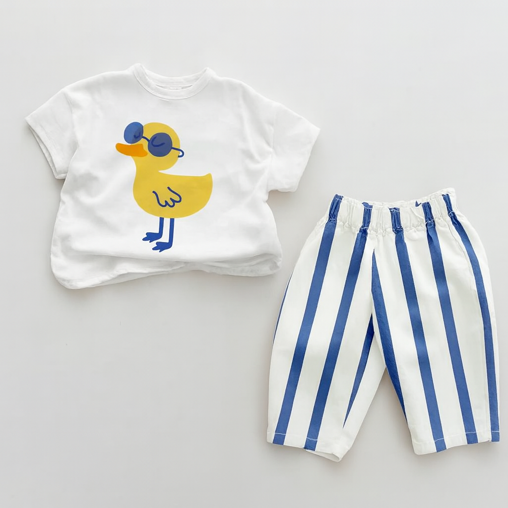 Baby Duck Printed Vertical Striped Two Piece Outfit