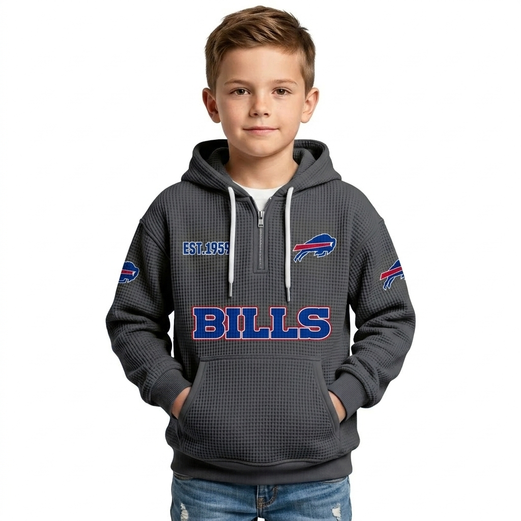 Buffalo Bills EST 1959 Printed Waffle Quarter Zip Kids Football Fan Hoodie