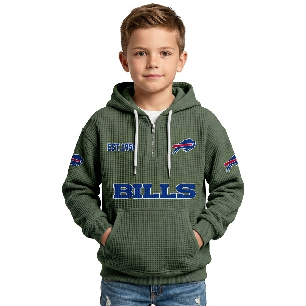 Buffalo Bills EST 1959 Printed Waffle Quarter Zip Kids Football Fan Hoodie