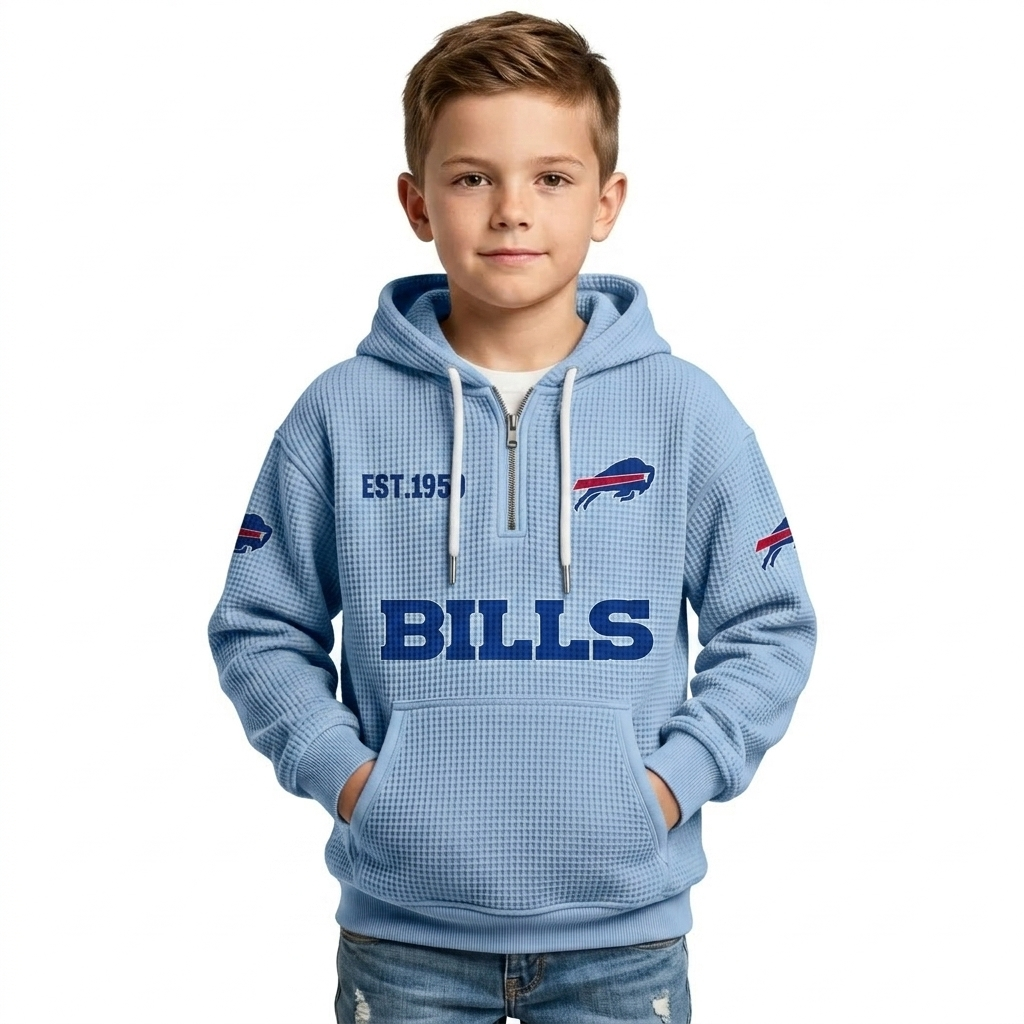 Buffalo Bills EST 1959 Printed Waffle Quarter Zip Kids Football Fan Hoodie