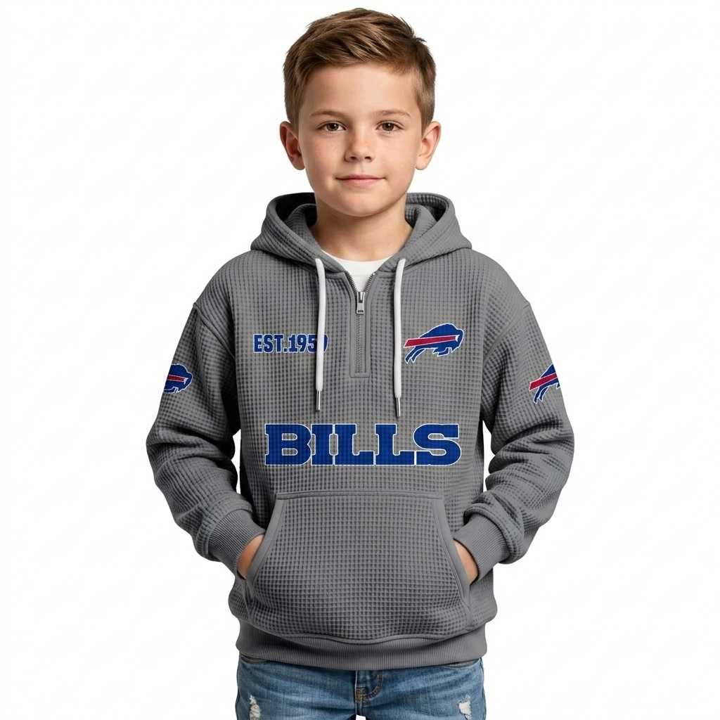 Buffalo Bills EST 1959 Printed Waffle Quarter Zip Kids Football Fan Hoodie