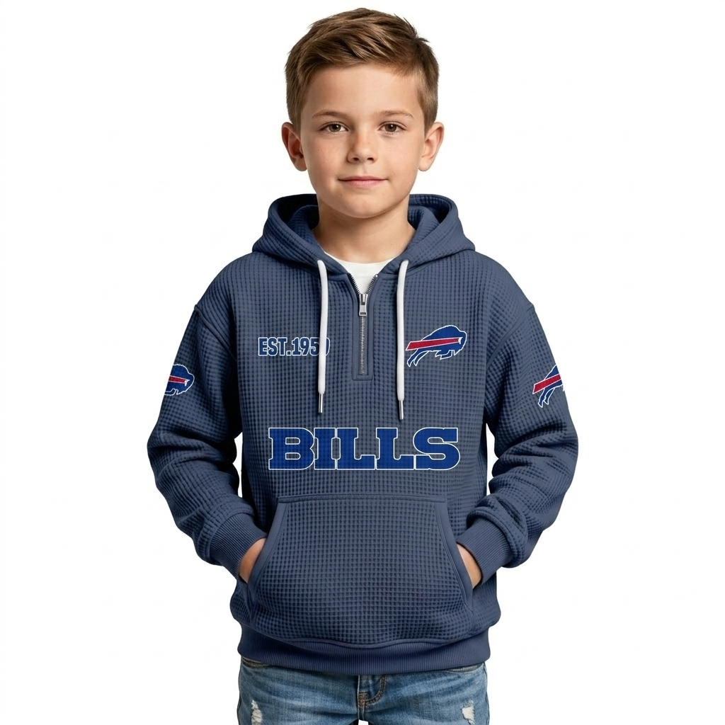 Buffalo Bills EST 1959 Printed Waffle Quarter Zip Kids Football Fan Hoodie