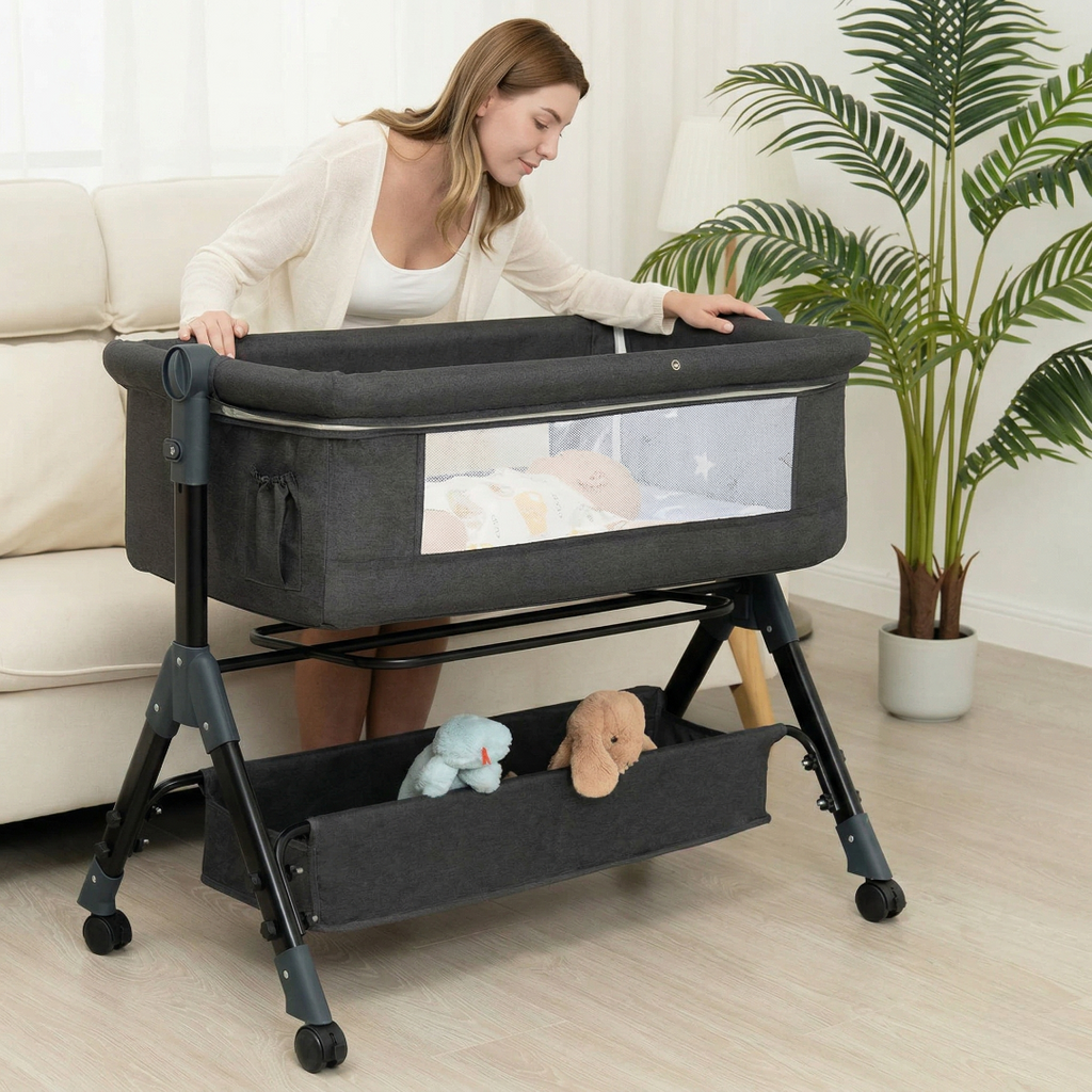 3 In 1 Adjustable Height Baby Crib Bassinet With Storage Basket