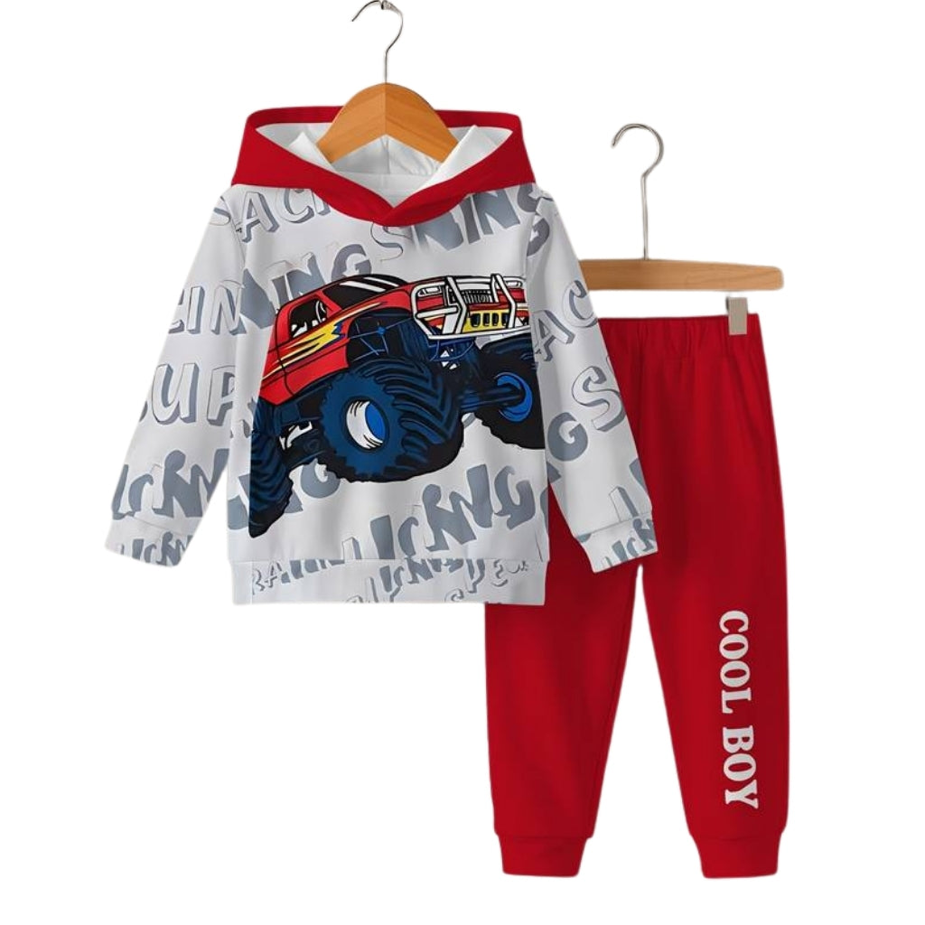 Kids Two Piece Car Graphic Printed Hoodie And Jogger Set