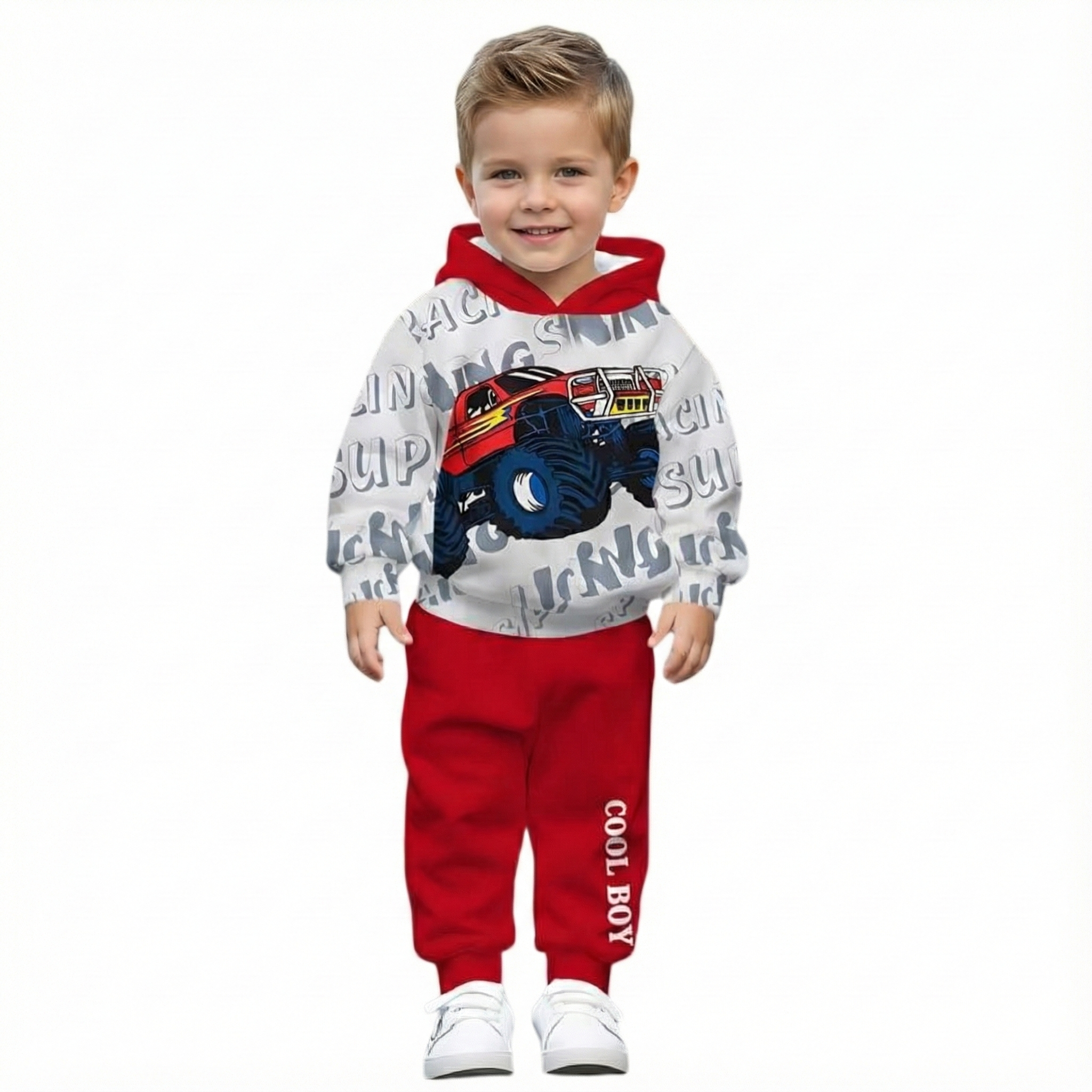 Kids Two Piece Car Graphic Printed Hoodie And Jogger Set