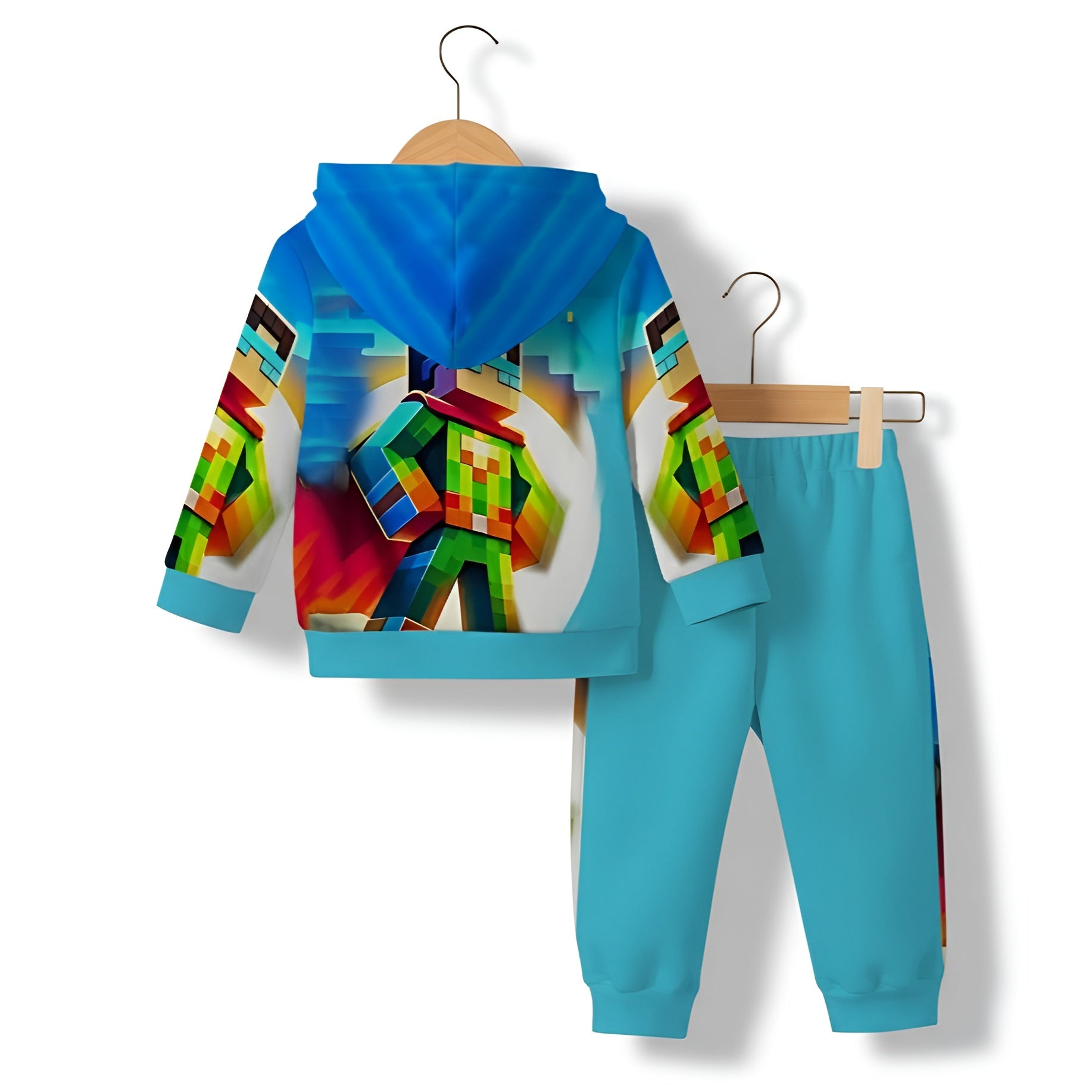 Baby Boy Casual Hooded Sweatshirt And Pants Set With Block Based Game Print