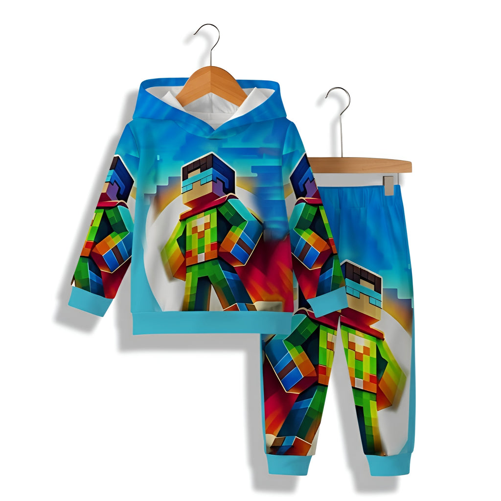 Baby Boy Casual Hooded Sweatshirt And Pants Set With Block Based Game Print