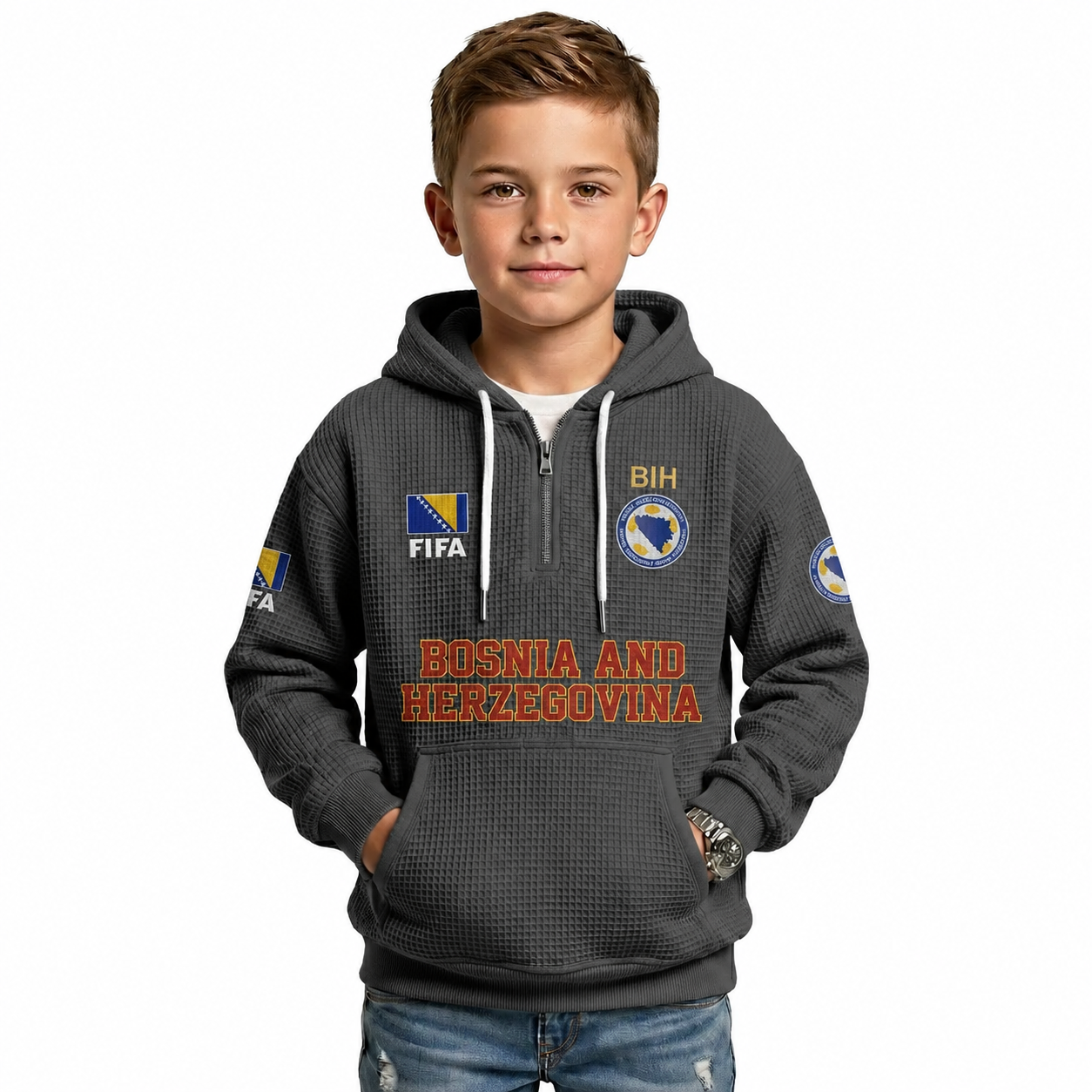 FIFA 2026 Bosnia And Herzegovina Printed Waffle Quarter Zip Kids Football Fan Hoodie