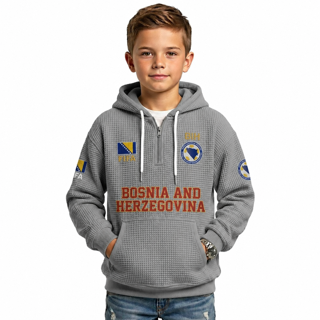 FIFA 2026 Bosnia And Herzegovina Printed Waffle Quarter Zip Kids Football Fan Hoodie