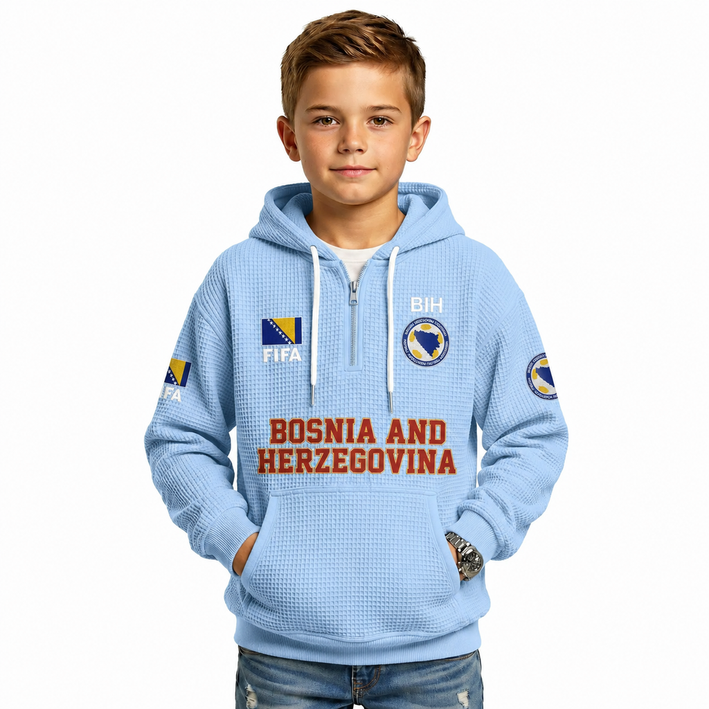 FIFA 2026 Bosnia And Herzegovina Printed Waffle Quarter Zip Kids Football Fan Hoodie