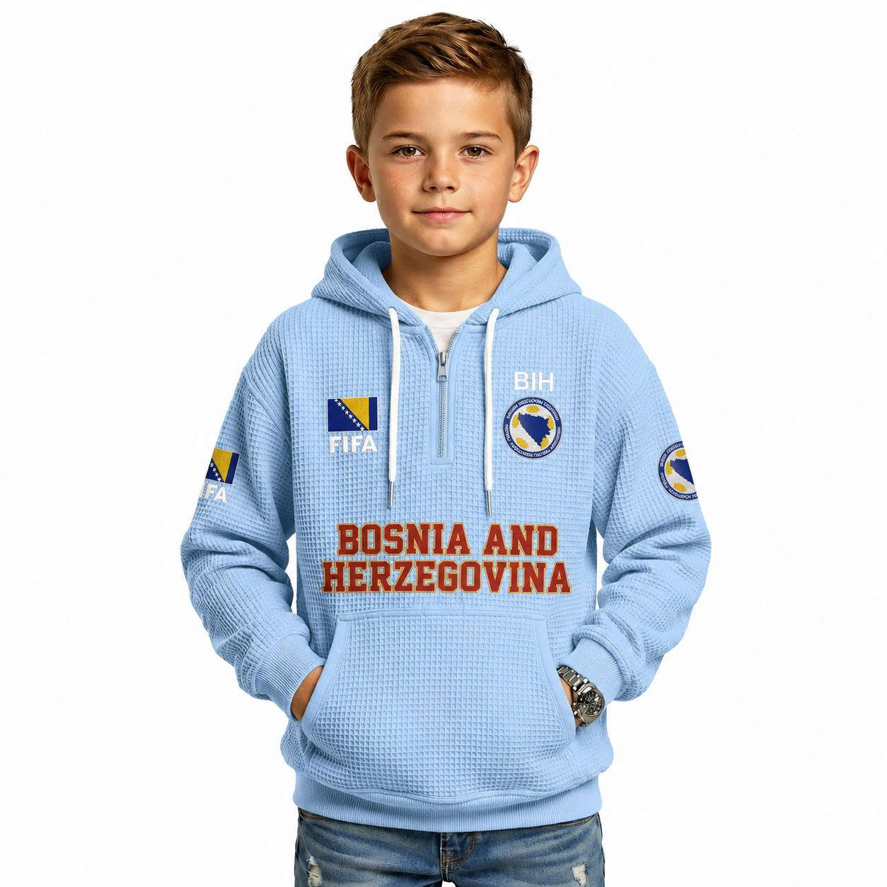 FIFA 2026 Bosnia And Herzegovina Printed Waffle Quarter Zip Kids Football Fan Hoodie