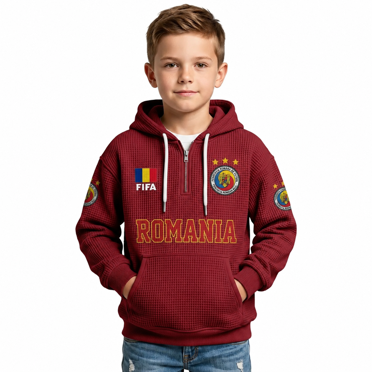 FIFA 2026 Romania Printed Waffle Quarter Zip Kids Football Fan Hoodie