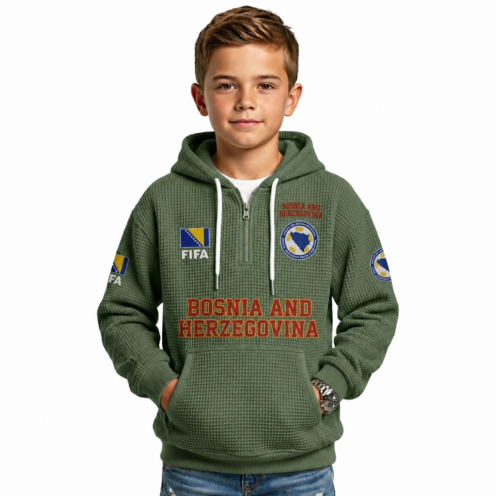 FIFA 2026 Bosnia And Herzegovina Printed Waffle Quarter Zip Kids Football Fan Hoodie
