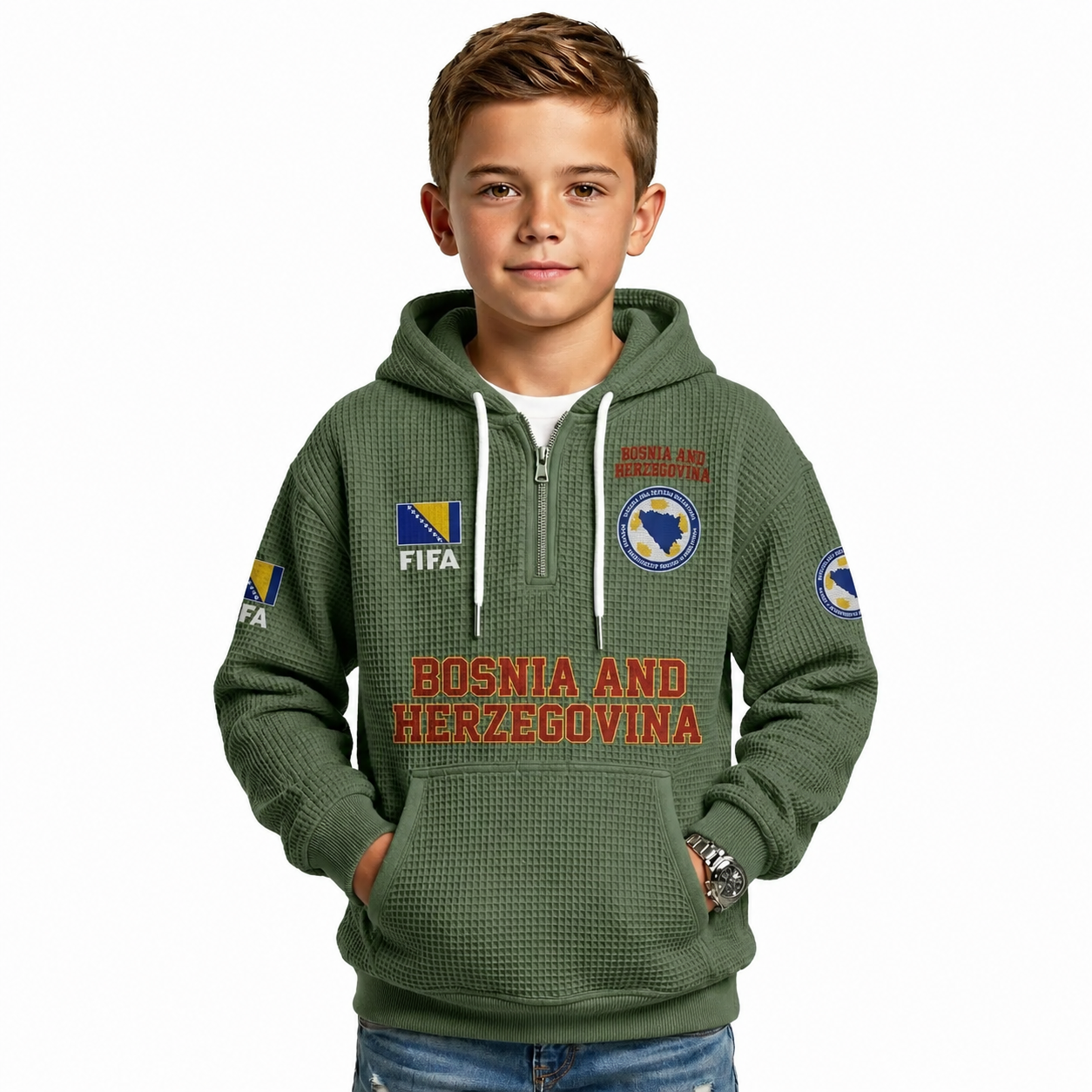 FIFA 2026 Bosnia And Herzegovina Printed Waffle Quarter Zip Kids Football Fan Hoodie