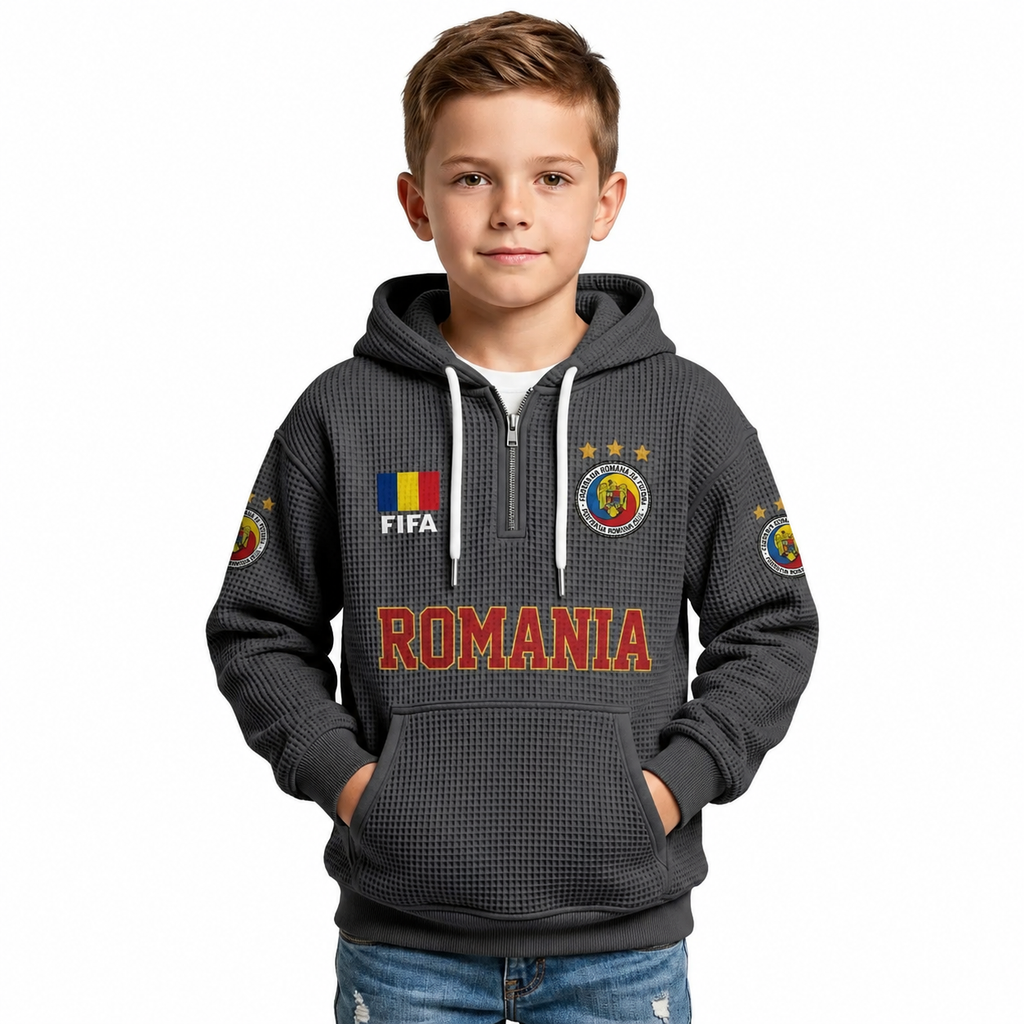 FIFA 2026 Romania Printed Waffle Quarter Zip Kids Football Fan Hoodie
