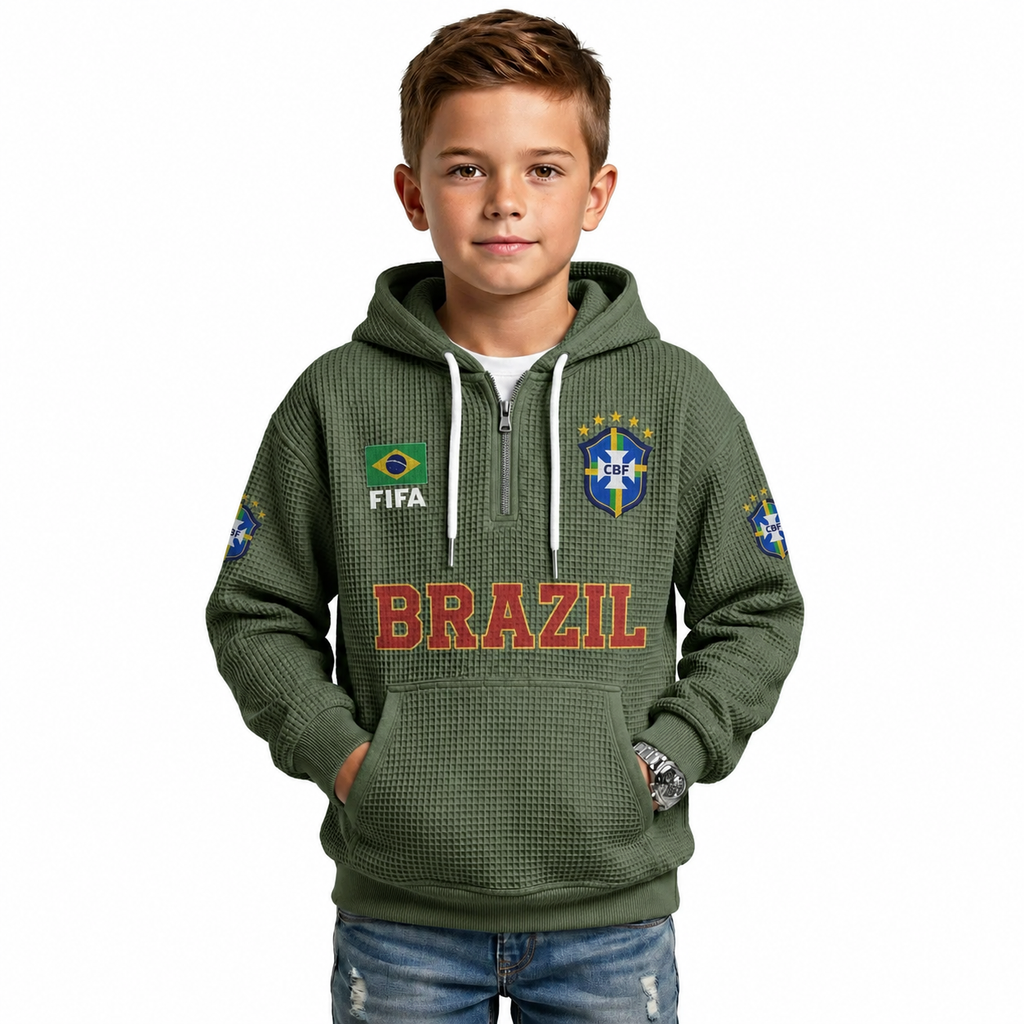 FIFA 2026 Brazil Printed Waffle Quarter Zip Kids Football Fan Hoodie