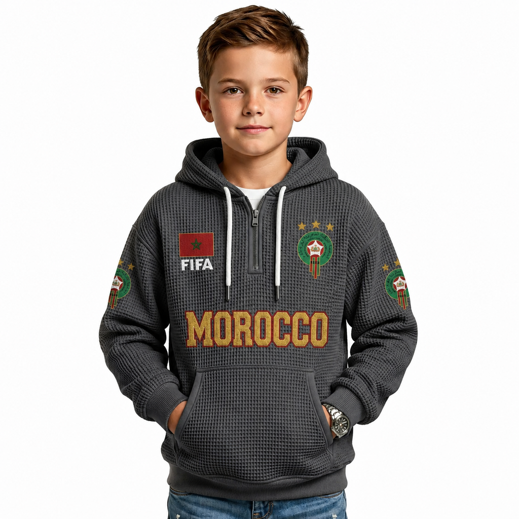 FIFA 2026 Morocco Printed Waffle Quarter Zip Kids Football Fan Hoodie