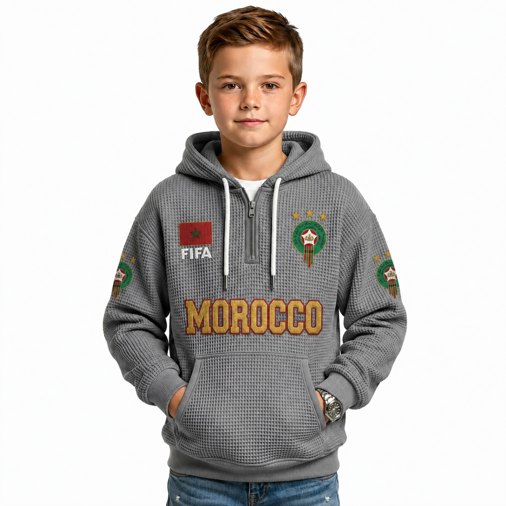 FIFA 2026 Morocco Printed Waffle Quarter Zip Kids Football Fan Hoodie