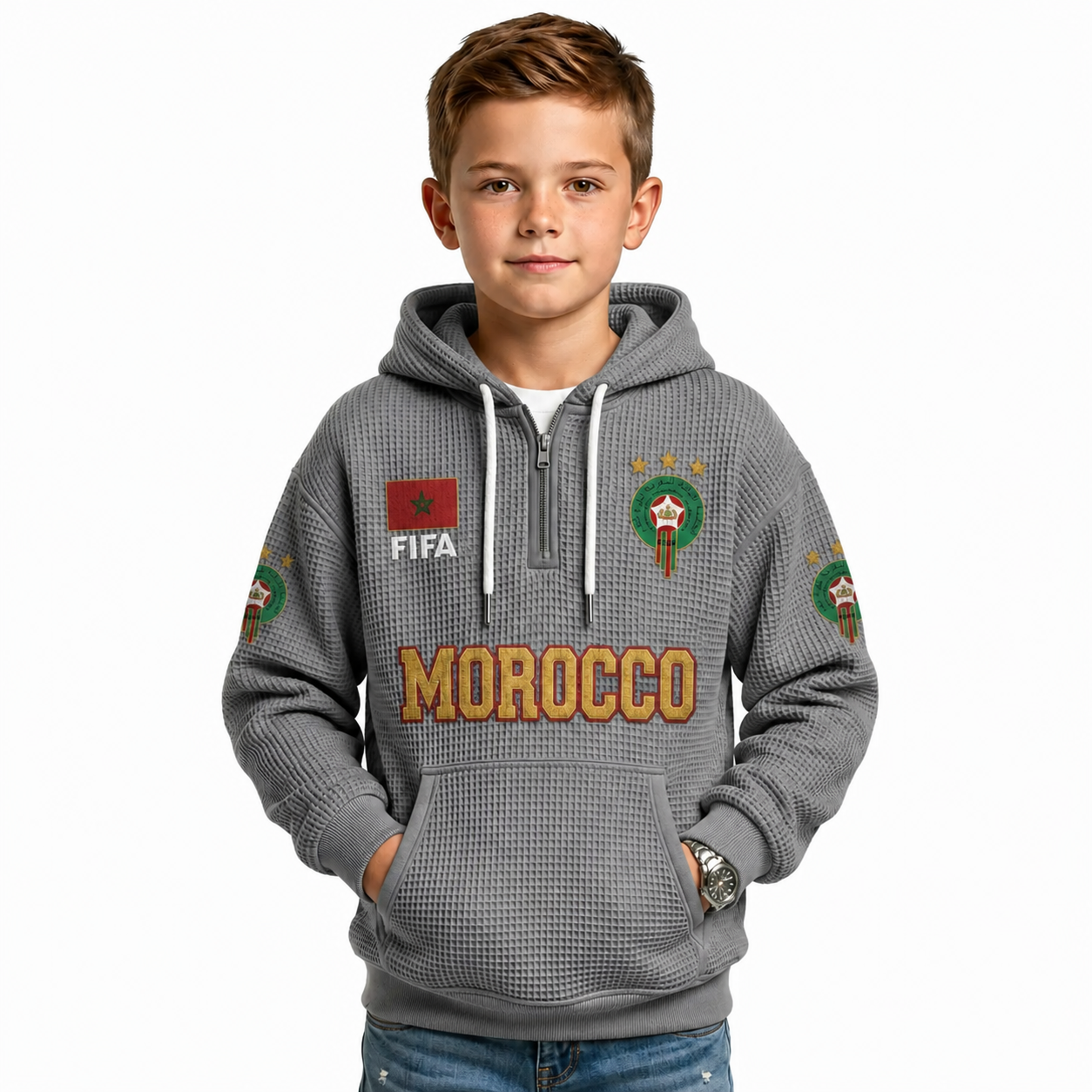 FIFA 2026 Morocco Printed Waffle Quarter Zip Kids Football Fan Hoodie