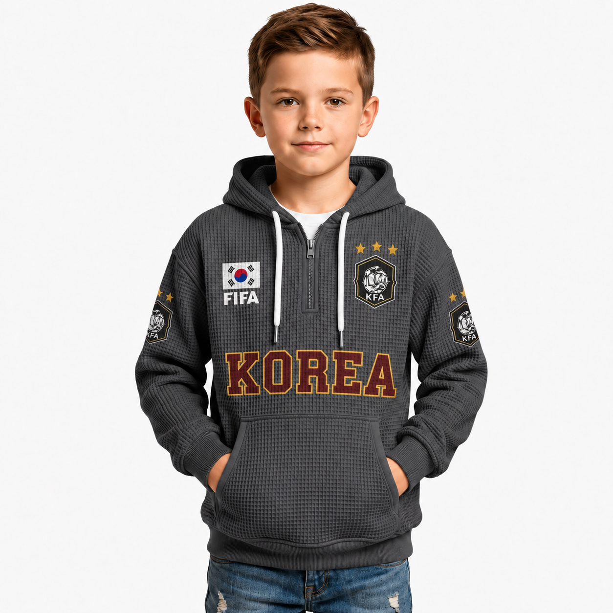 FIFA 2026 South Korea Printed Waffle Quarter Zip Kids Football Fan Hoodie