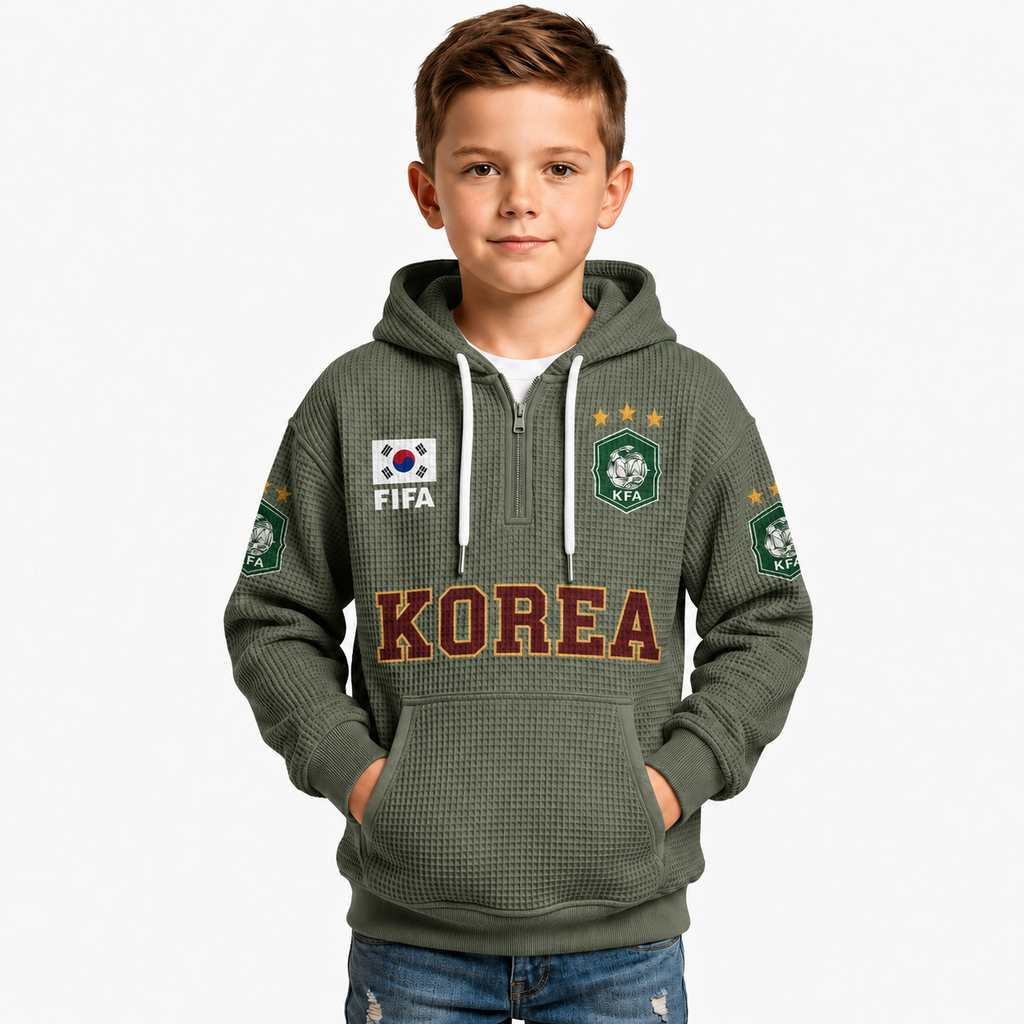 FIFA 2026 South Korea Printed Waffle Quarter Zip Kids Football Fan Hoodie