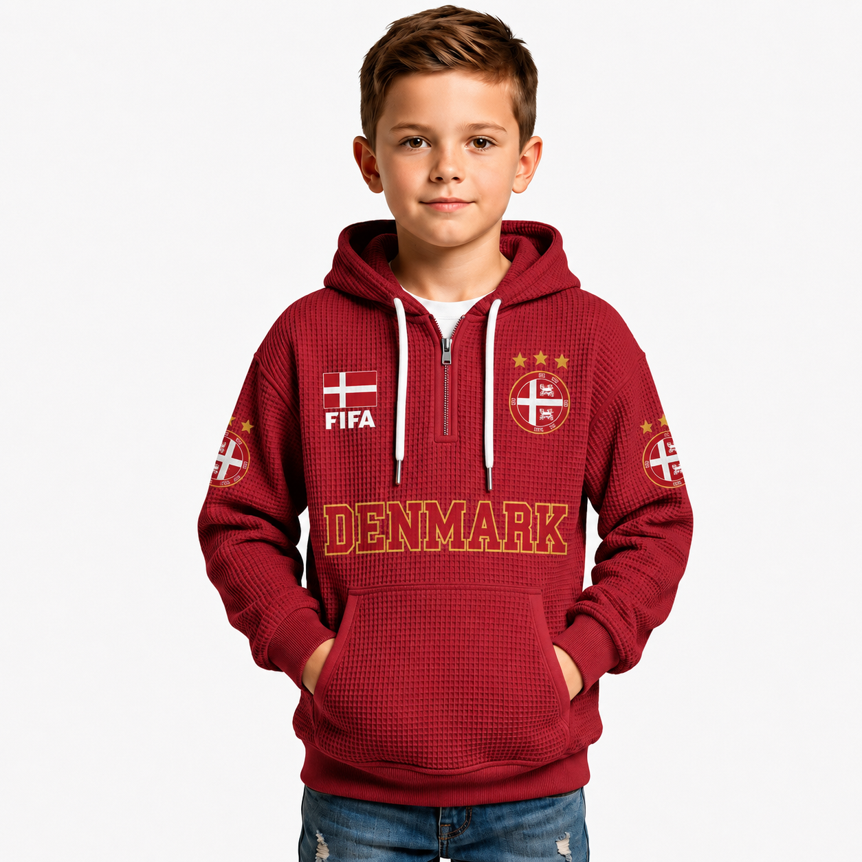 FIFA 2026 Denmark Printed Waffle Quarter Zip Kids Football Fan Hoodie