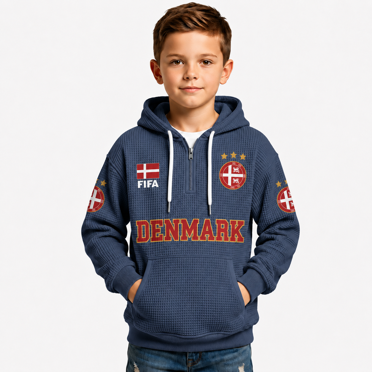 FIFA 2026 Denmark Printed Waffle Quarter Zip Kids Football Fan Hoodie