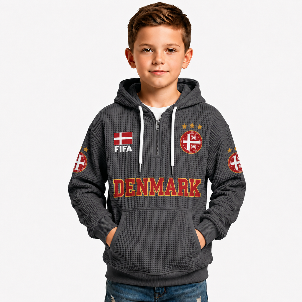 FIFA 2026 Denmark Printed Waffle Quarter Zip Kids Football Fan Hoodie