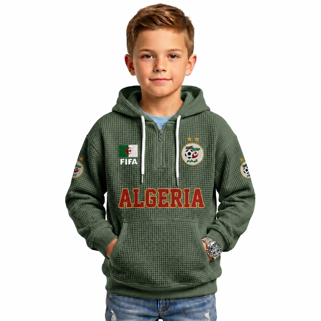 FIFA 2026 Algeria Printed Waffle Quarter Zip Kids Football Fan Hoodie