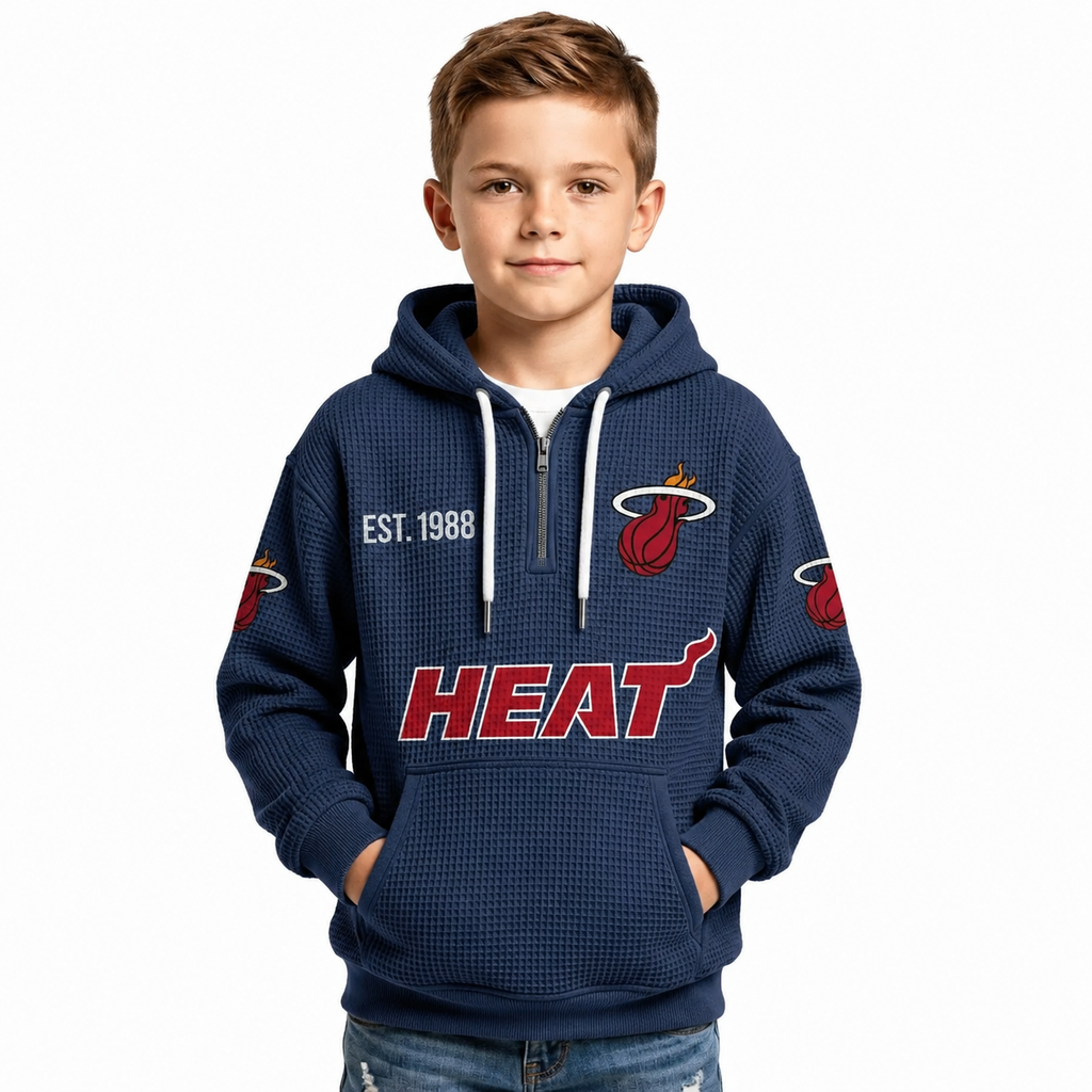 Miami Heat EST 1988 Kids Baseball Fan Printed Waffle Quarter Zip Hoodie