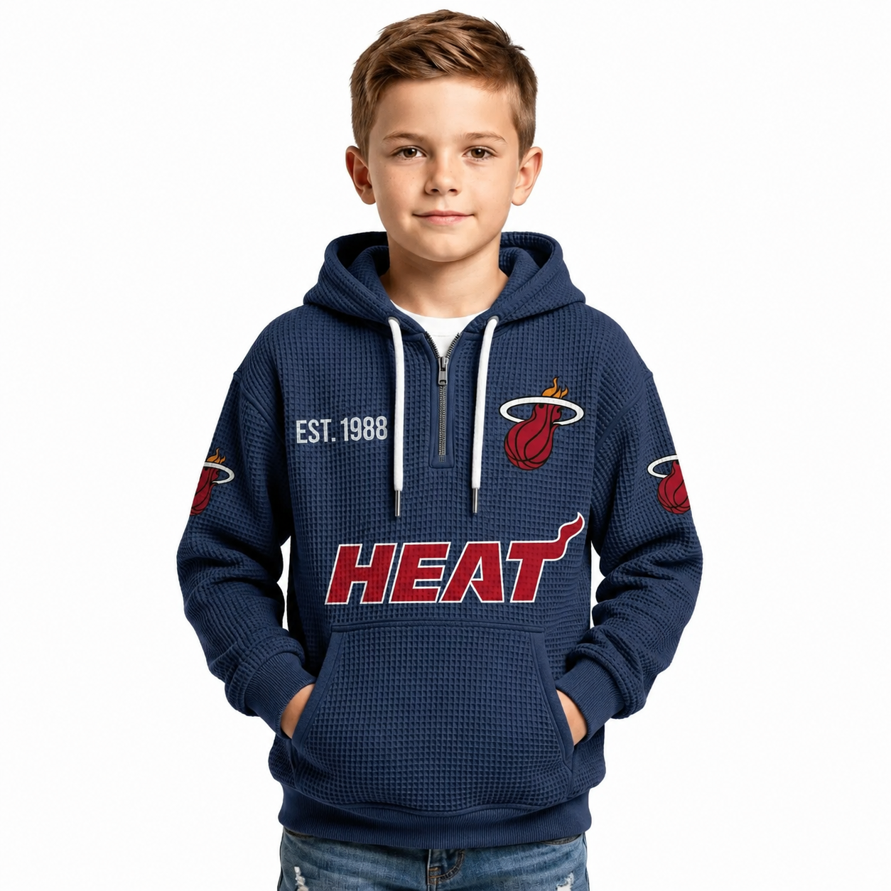 Miami Heat EST 1988 Kids Baseball Fan Printed Waffle Quarter Zip Hoodie