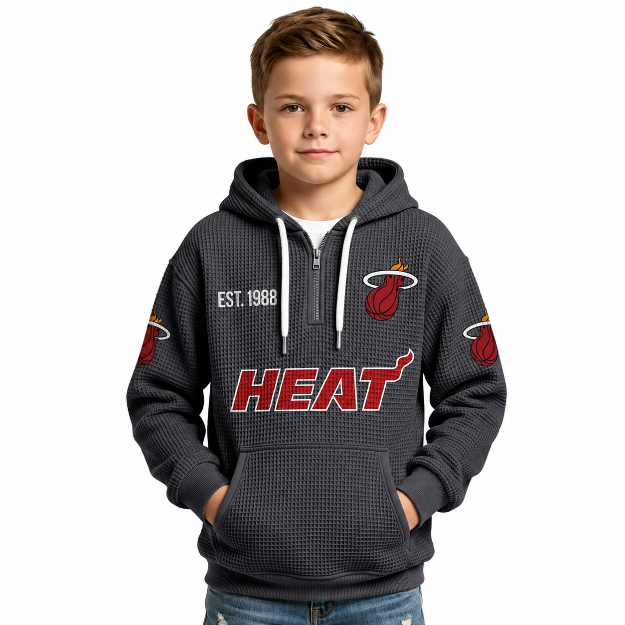 Miami Heat EST 1988 Kids Baseball Fan Printed Waffle Quarter Zip Hoodie
