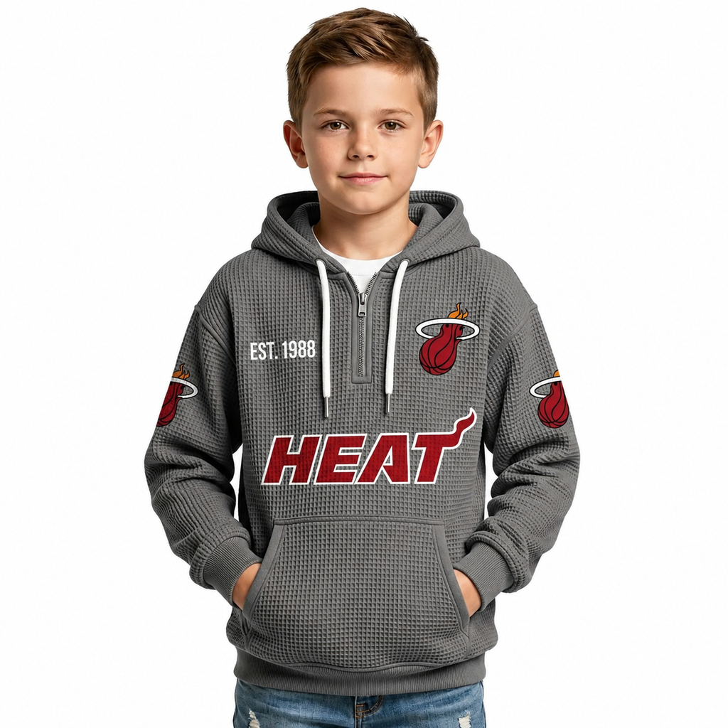 Miami Heat EST 1988 Kids Baseball Fan Printed Waffle Quarter Zip Hoodie
