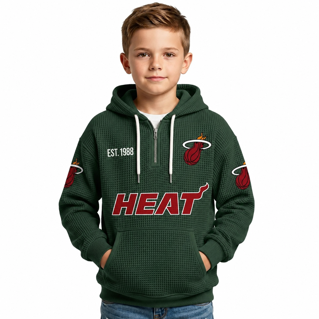 Miami Heat EST 1988 Kids Baseball Fan Printed Waffle Quarter Zip Hoodie