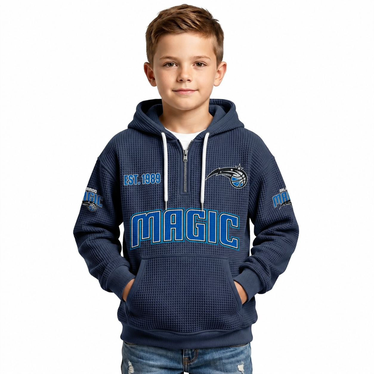 Orlando Magic EST 1989 Kids Baseball Fan Printed Waffle Quarter Zip Hoodie