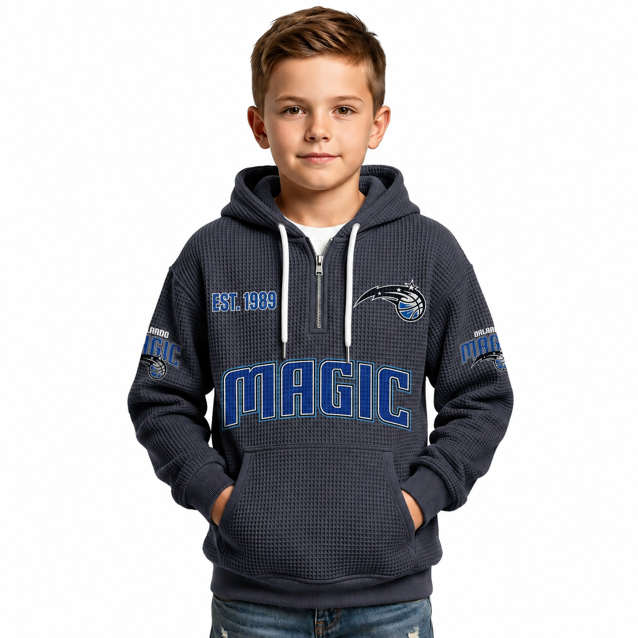 Orlando Magic EST 1989 Kids Baseball Fan Printed Waffle Quarter Zip Hoodie