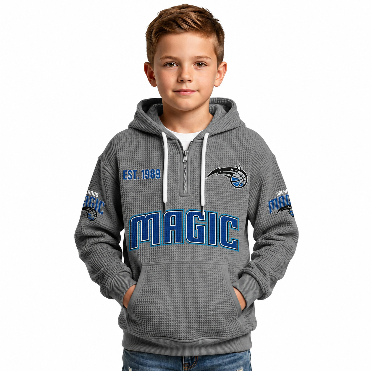 Orlando Magic EST 1989 Kids Baseball Fan Printed Waffle Quarter Zip Hoodie
