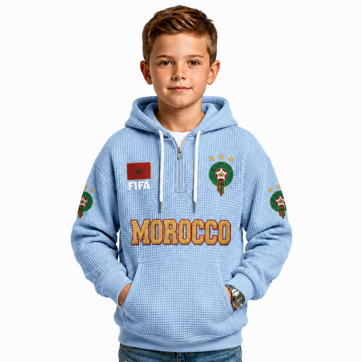 FIFA 2026 Morocco Printed Waffle Quarter Zip Kids Football Fan Hoodie