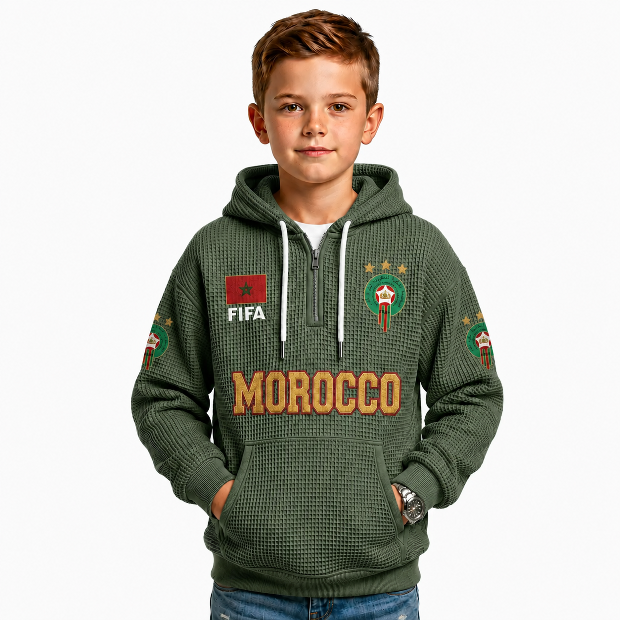 FIFA 2026 Morocco Printed Waffle Quarter Zip Kids Football Fan Hoodie